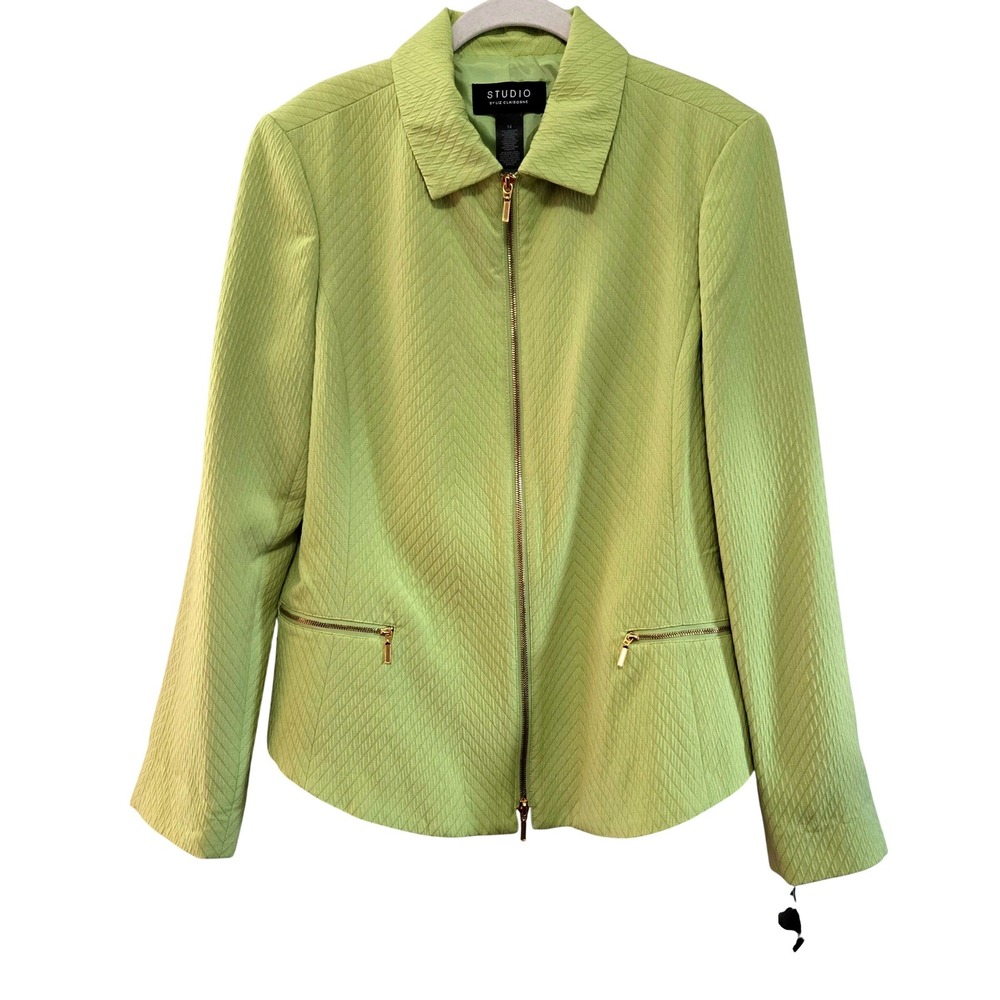 Studio by Liz Claiborne Chic Chartreuse Chevron Textured Zip Front Jacket 14
